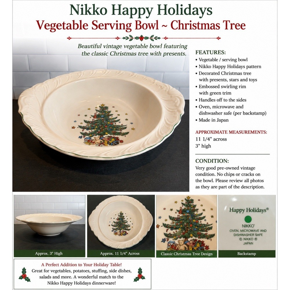 Nikko Happy Holidays Vegetable Serving Bowl 11.25" Christmas Tree Japan